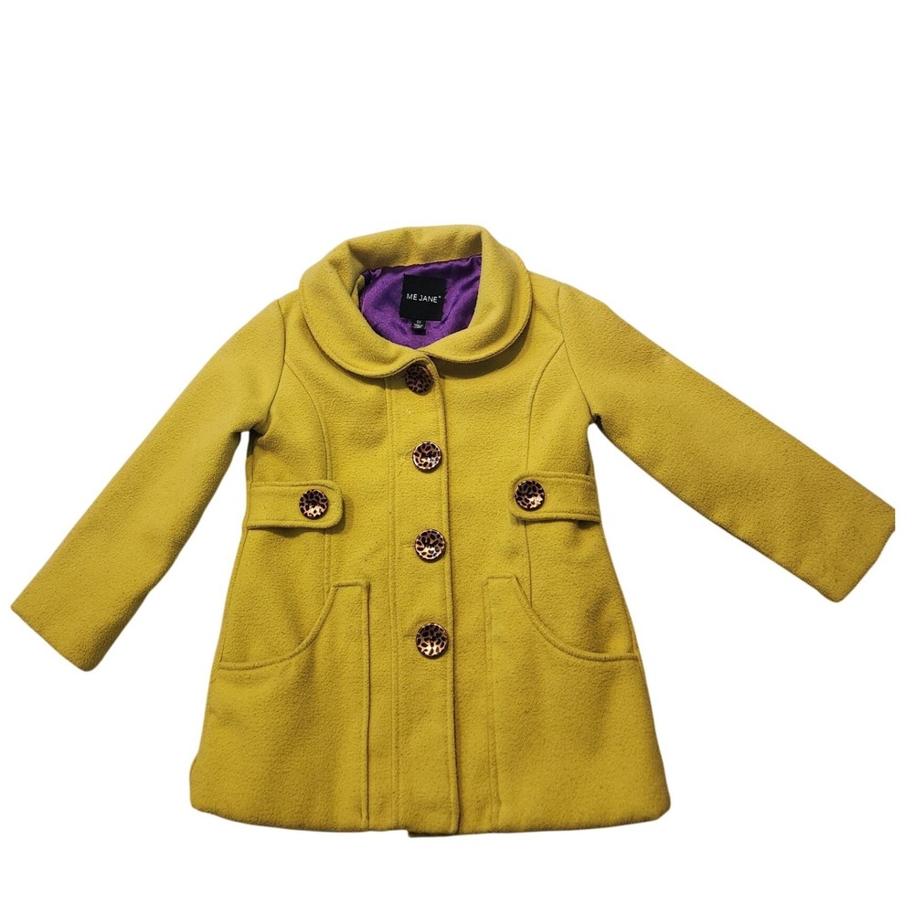 Me Jane Girls Mustard Yellow Wool Blend Pea Coatโ Leopard Buttons Size 6X